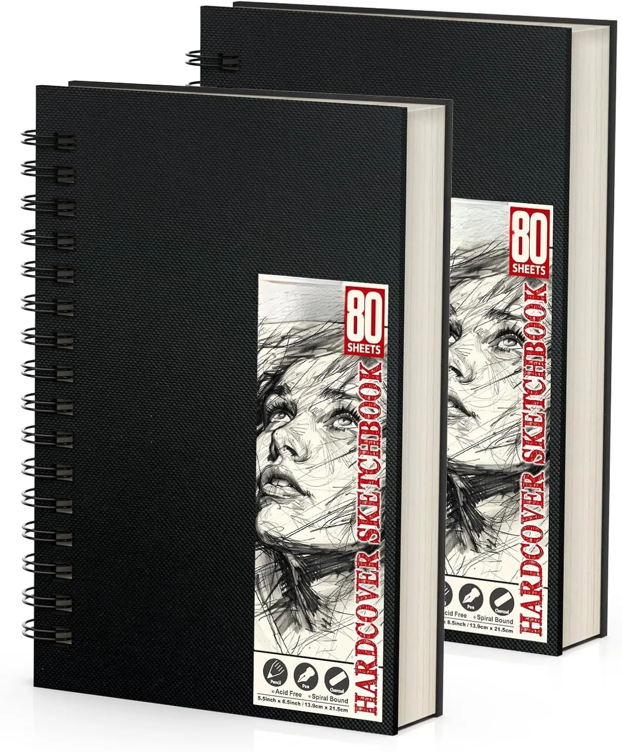 2-Pack Spiral Bound Hardbound Drawing Sketchbook (5.5"x8.5"), 80-Sheets 68lb/100gsm Acid-Free Double-Sided Paper, Durable Drawing Pad for Adult Teens, Office Stationery for Painting Writing in Classroom & Park
