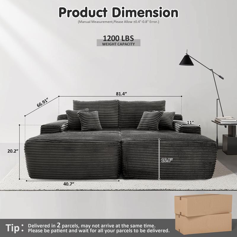 【2 Packages Shipping】Ovios 81" Oversized Sectional Double Lounge Chaise with Cloud Plush Sofa Bed, Fluffy Modern Boneless Couch Sleeper Loveseat Chair for Indoor Living Room Bedroom Reading Movie - No Assembly Required