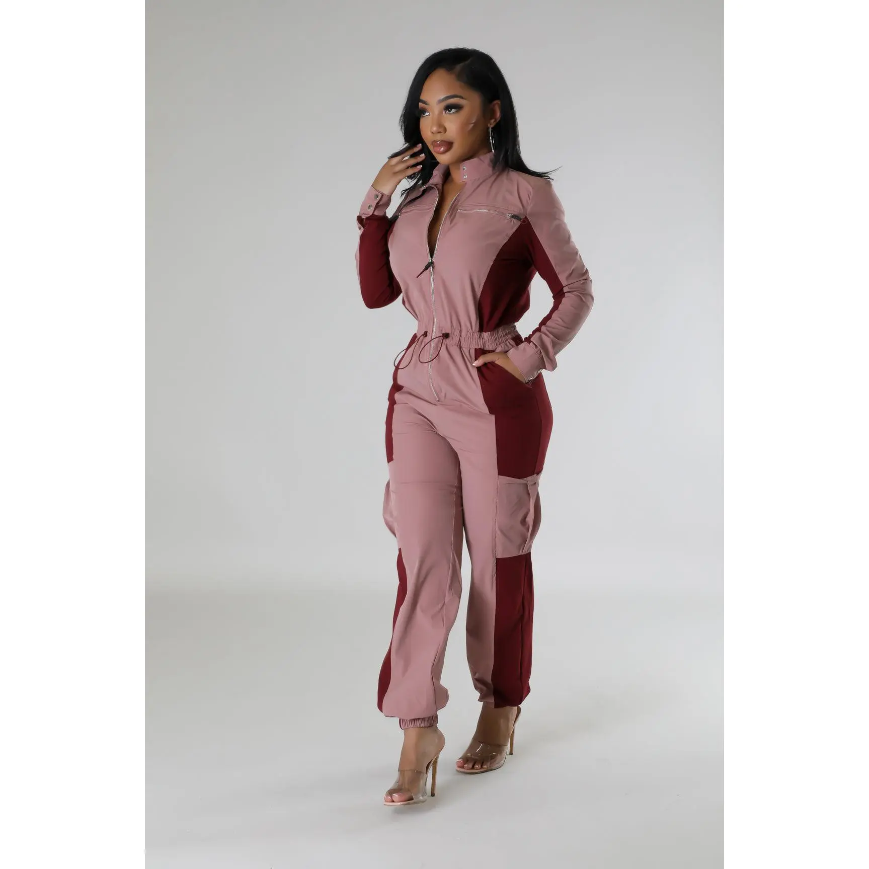 Women's Long sleeve Zipper closure Rose Red Jumpsuit