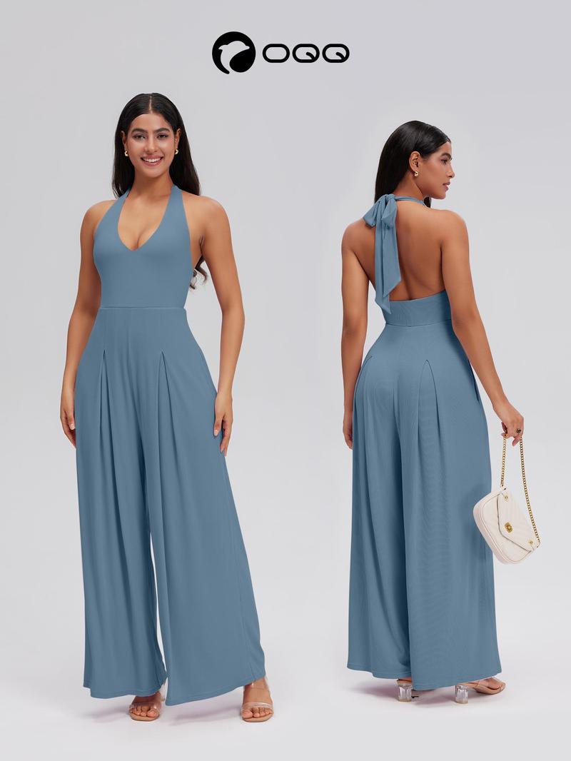 OQQ Women's Ribbed Backless One-Piece Jumpsuits - Wide Leg Sleeveless Deep V-Neck Casual Fashion Sporty Aesthetic Chic Everyday Outfit
