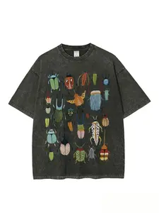 Washed, Insect-themed Party Print T-shirt, High-quality Batik Retro Fashion Brand T-shirt, Unisex T-shirt, Casual Attire T-shirt, Holiday Gift, Perfect Present. men  clothing Vintage Distressed Tshirt