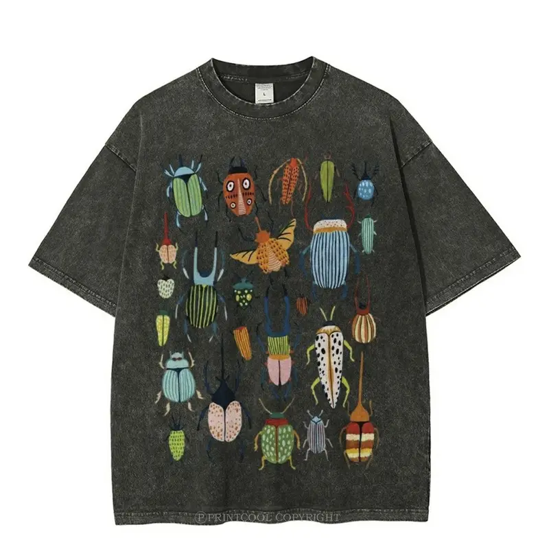 Men's Short-Sleeve Round-Neck Distressed Vintage Batik Insect-Print T-Shirt - High-Quality Multi-Size Menswear Top, All Seasons Festive Casual Attire, Father's Day Gift (Children's Day Gifting Option)