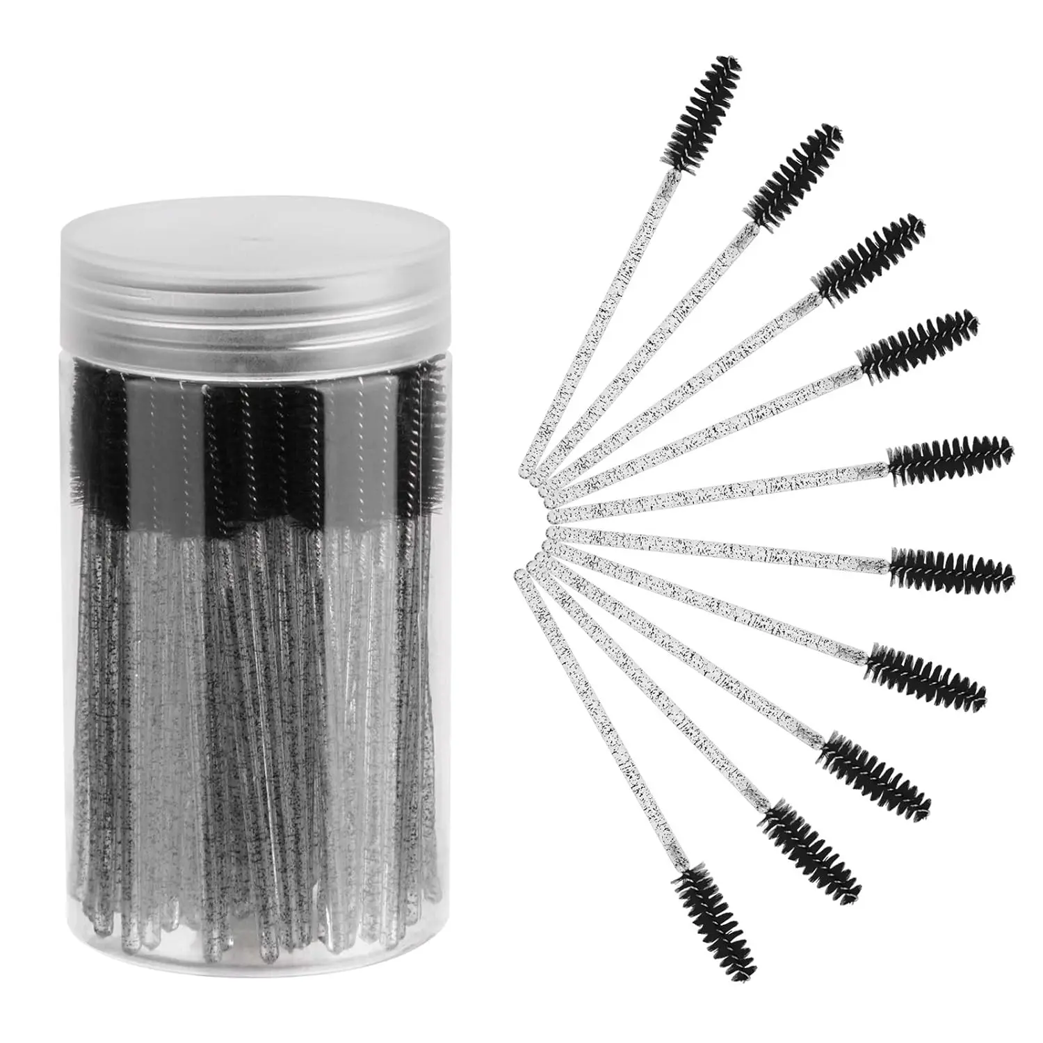 100PCS Black Disposable Plastic Eyelash Smoothing Brushes with Handle - Beauty Tool, Makeup Accessories, Travel-Ready Kit with Storage Container for Lash Routine Detangle & Brow Maintenance, Mascara Application