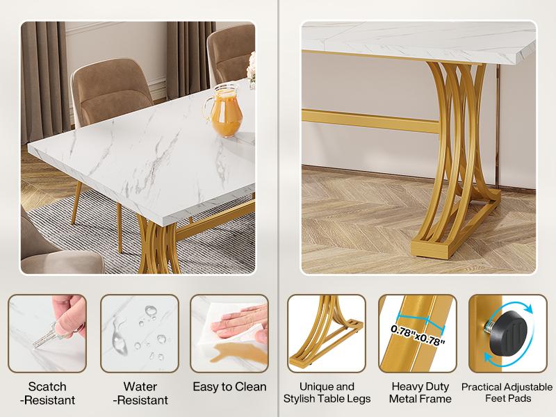 Tribesigns 63-Inch Rectangular Dining Table for 4 to 6, Modern Kitchen Table with Stylish Metal Trestle Legs, Large Dinner Table for Dining Room, Chair Not Included (White+Gold)