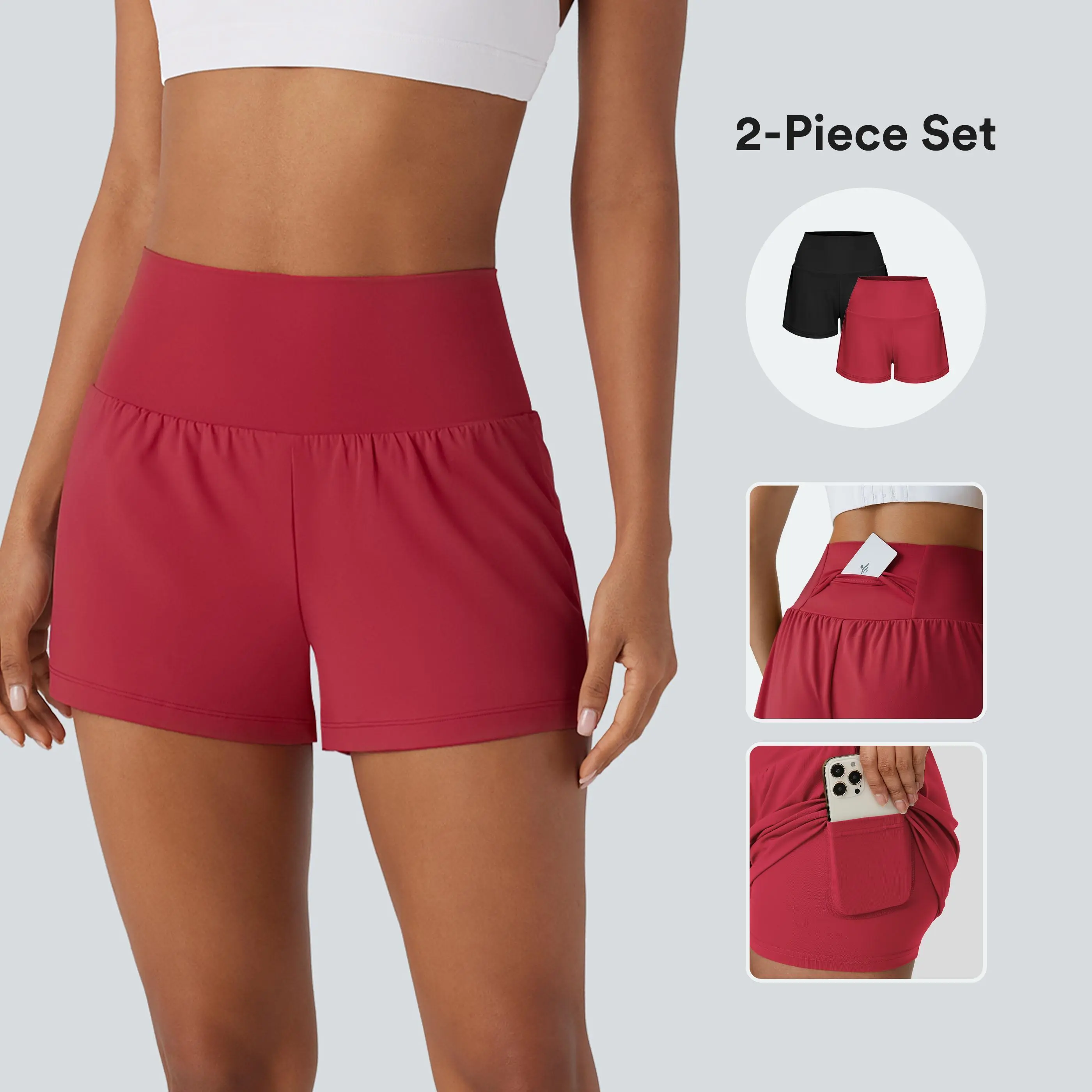 【Creator’s Pick】Halara 2-Piece Super High Waisted Back Pocket & Side Hidden Pocket 2-in-1 Yoga Shorts 3" Set