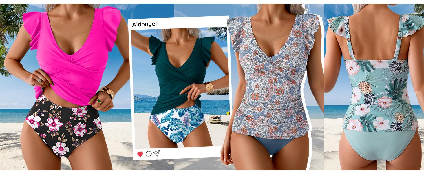 Aidonger Tankini Swimsuit for Women Tummy Control Two Piece Bathing Suit Ruched Ruffle Swimwear Top with Bottom