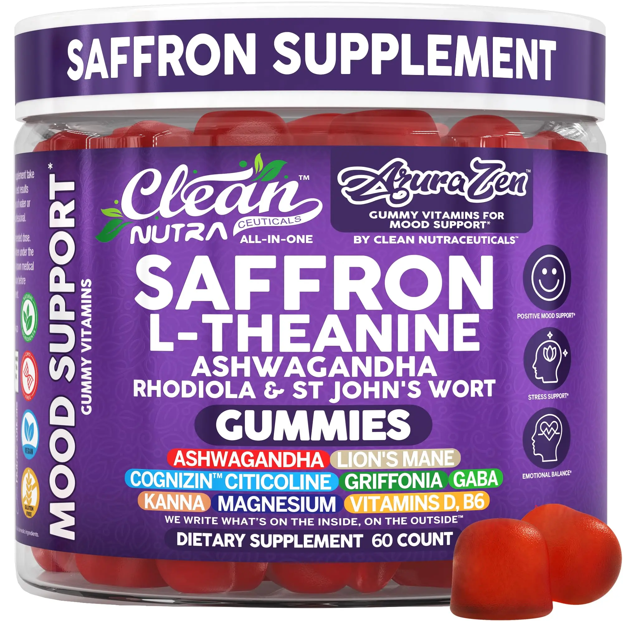Clean Nutra Saffron, L-Theanine, Ashwagandha, Rhodiola & St John's Wort for Emotional Wellness Support Gummies - Aura Zen