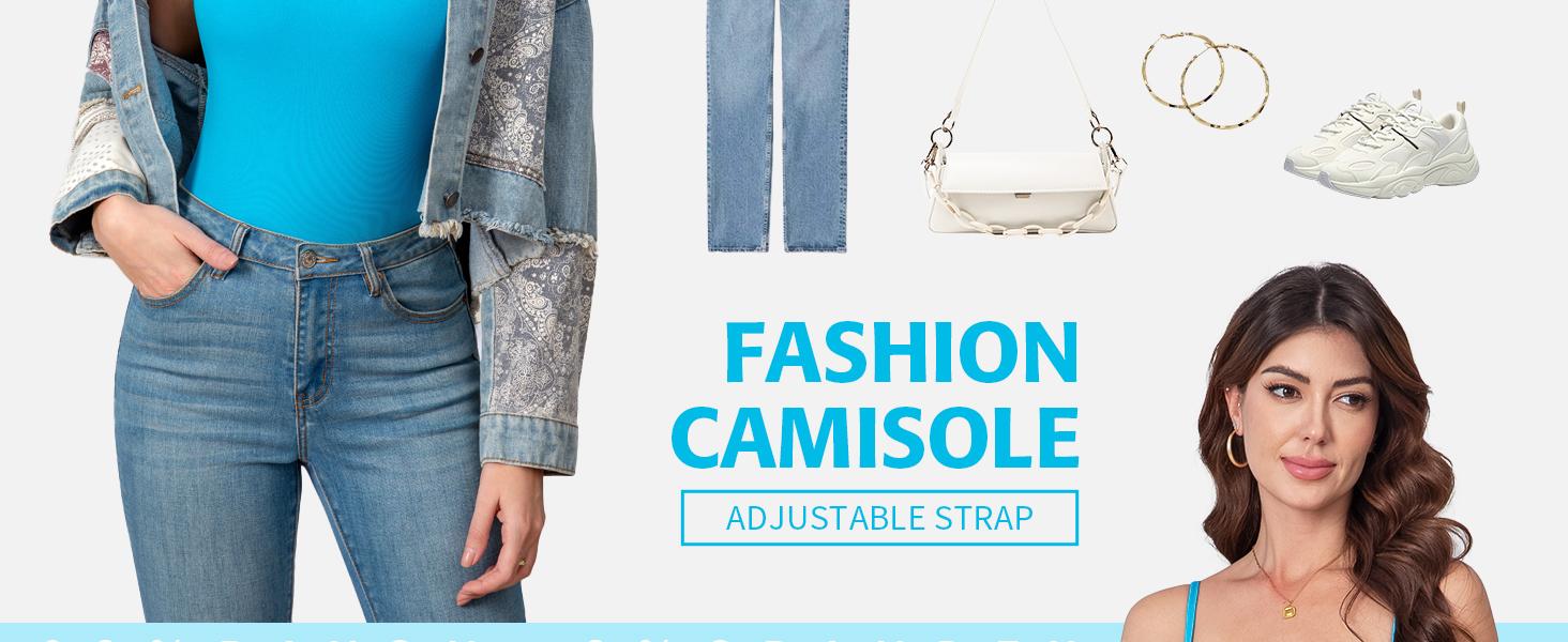 ATTRACO  Women's Square Neck Tank Top  Built-in bra Basic Tops Sharp Collection Adjustable Spaghetti Straps Sleeveless