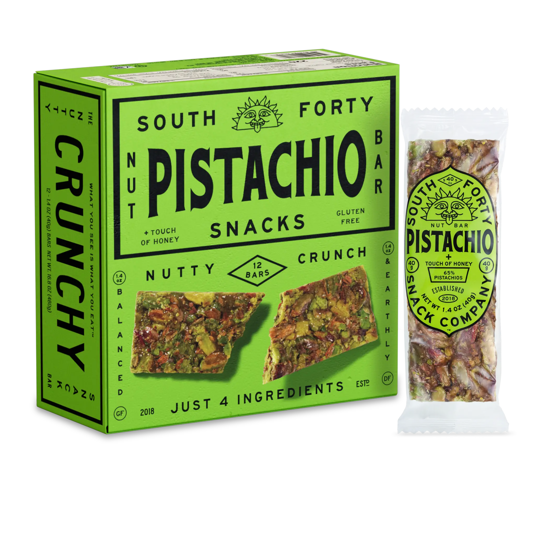 South Forty Snacks Pistachio Crunchy Nut Bars 12 Pack, Premium Healthy Snack Bars, Crunchy Protein Style Energy Bars, Natural Pistachio On-The-Go Snack Flavor Traditional