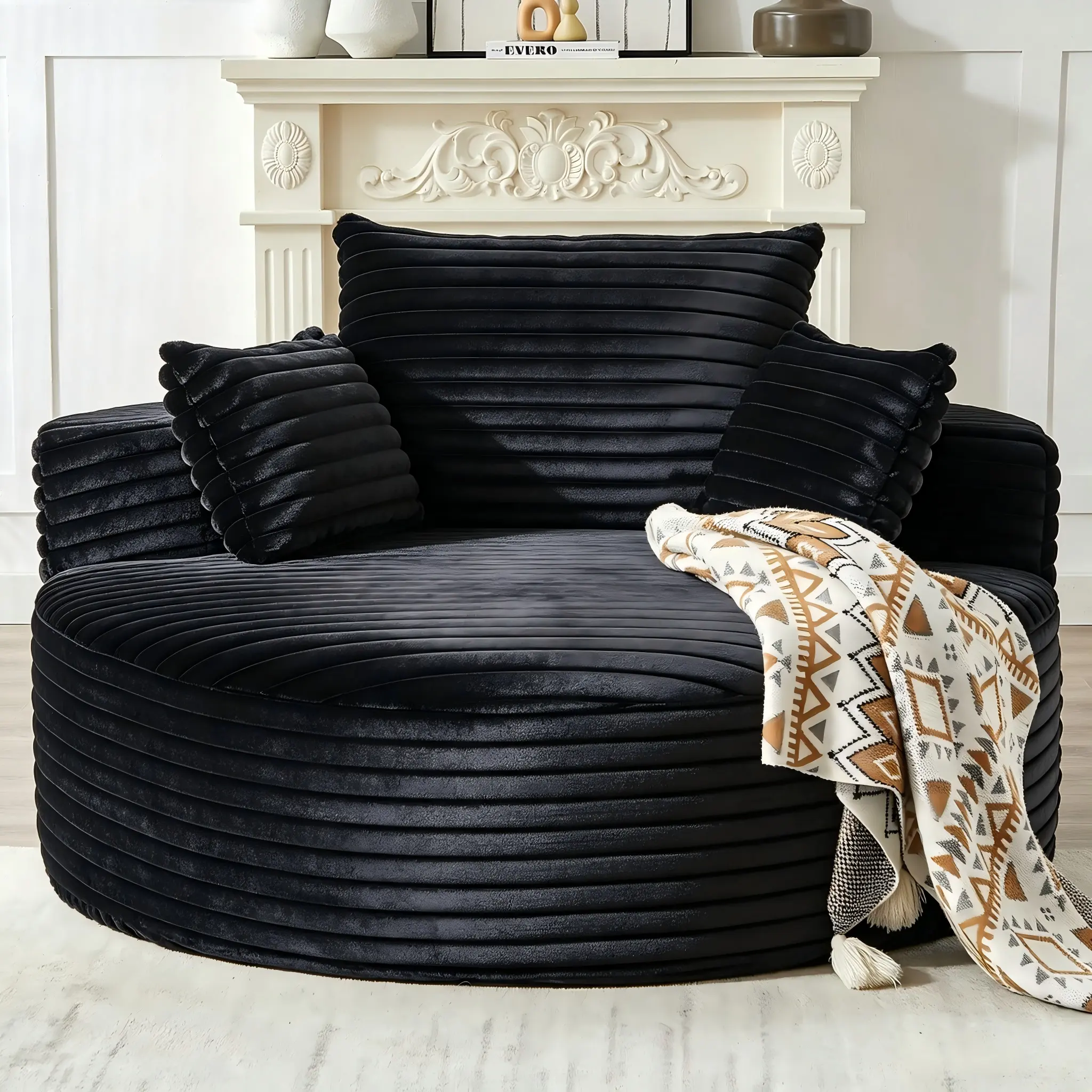Oversized Round Chaise Lounge Chair Indoor, 55'' Corduroy Deep Seat Circle Single Floor Sofa Chairs, Modern Upholstered Sponge Armchair, Cloud Sleeper Chair for Living Room, Bedroom Apartment, Black