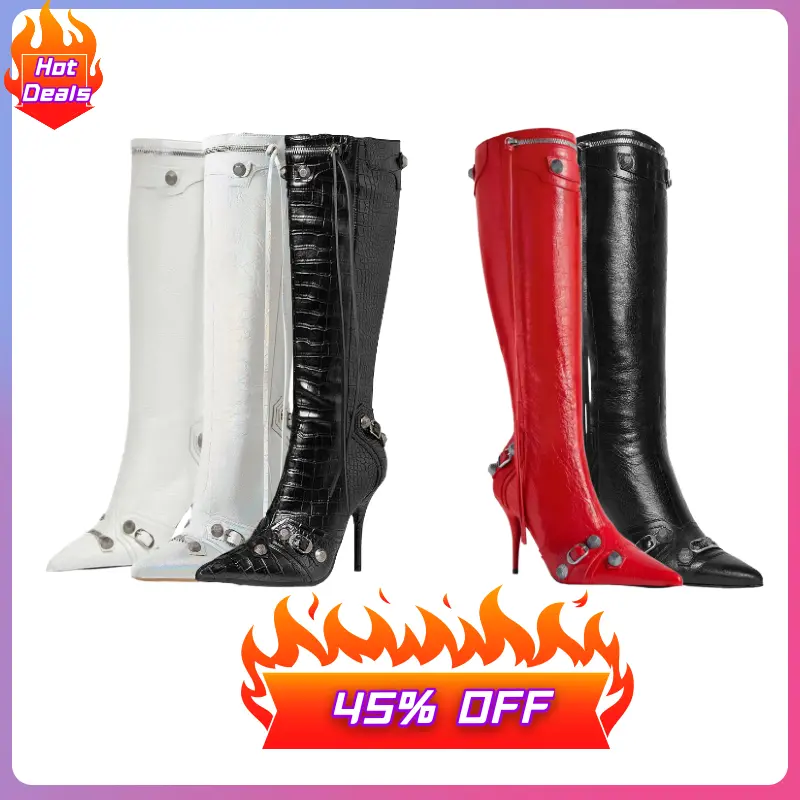 Women's Rivet Leather Pointed-Toe Mid-Calf Boots, Women's Shoe, Fashion Footwear, Highcut Shoes with Combat Look & Croco Print