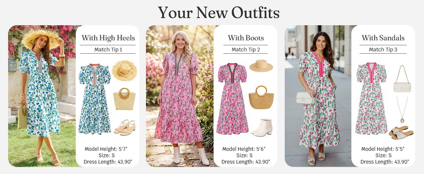 Wenrine Women's Summer Midi Dress Casual Floral Puff Short Sleeve V Neck Swing Flowy Boho Beach Dresses with Pockets Wenrine Women's Summer Midi Dress Casual Floral Puff Short Sleeve V Neck Swing Flowy Boho Beach Dresses with Pockets