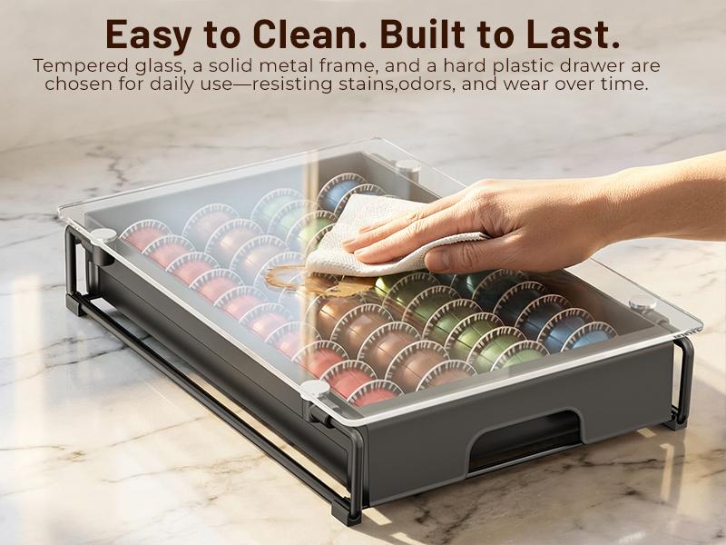 EVERIE Crystal Clear Tempered Glass Coffee Pod Drawer Durable Metal Frame Slide-out Organizer Holder Box Compatible With Nespresso Vertuo Capsules Holds 40 7.77 floz / 52 1.35 floz for Coffee Bar & Kitchen Countertop