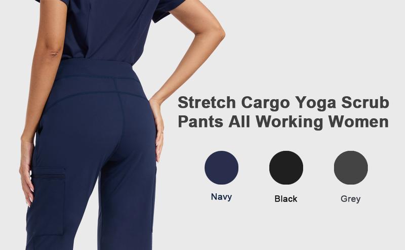 Kecols High Rise Yoga Scrub Pants Women - Straight Leg Uniform Pants with Cargo Pocket, Anti-Wrinkle & Knit Yoga Waistband 5 Pockets&4-Way Stretch