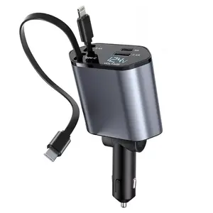 Joytutus 120W Retractable Car Charger 4-in-1 Fast Charging for iPhone Samsung iPad with 2 USB C Cables for 12V-24V Devices Type-C Output 5V/3A USB-A 5V/2.4A