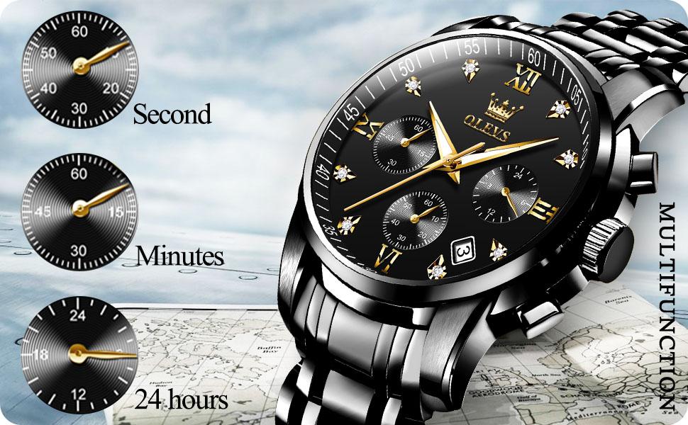 OLEVS Fashions Men's Stainless Steel Chronograph Watch Big Face Luxury Waterproof Date Diamond Roman Arabic Numerals Dial Dress Watch for Men