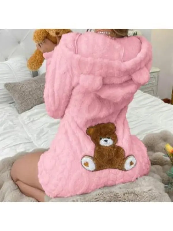 Viral Cute Teddy Bear Booty Fuzzy Onesie Hooded Romper Cozy Sleepwear for Women