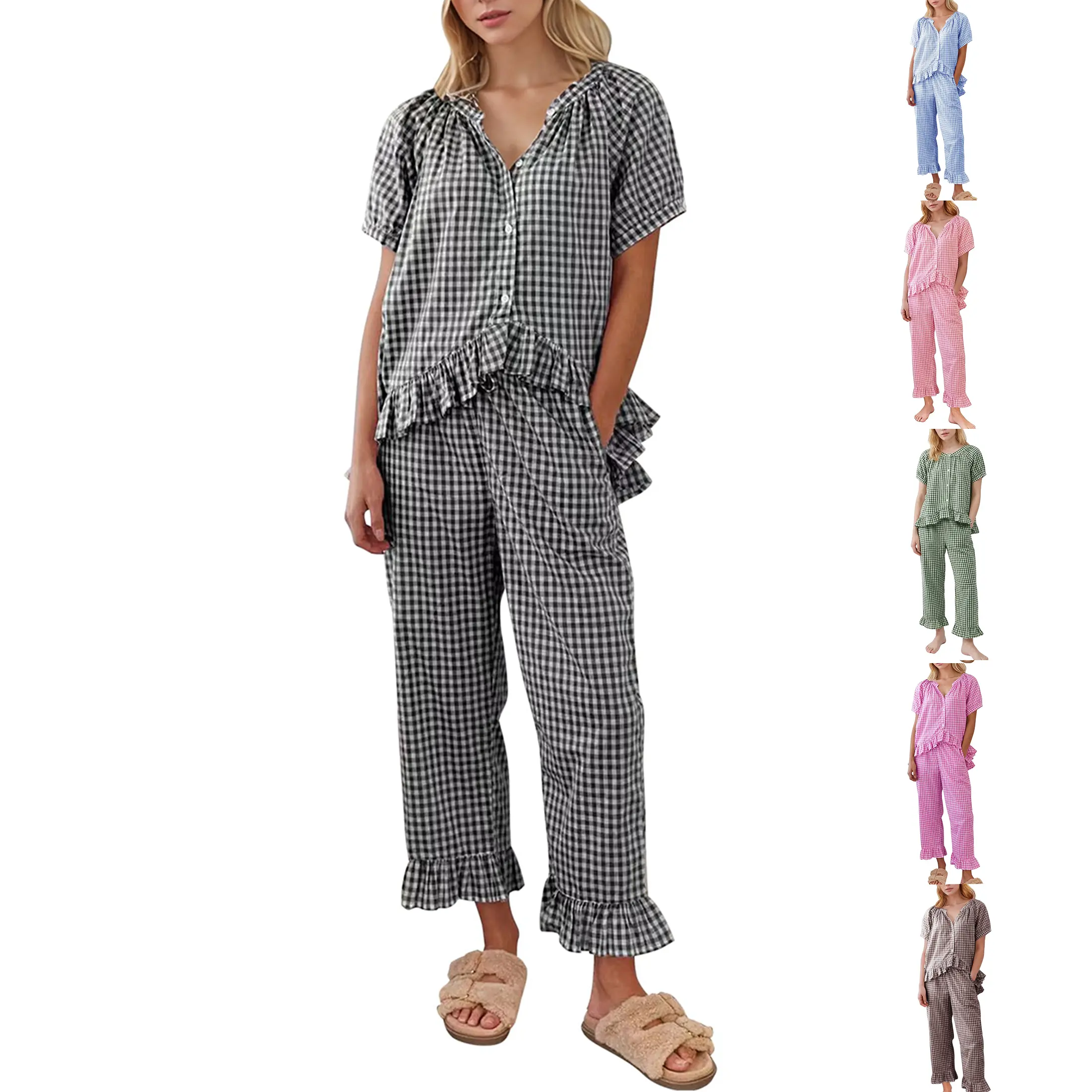 Wandal Women's Gingham Plaid 2-Piece Pajama Set - Puff Sleeve Babydoll Button Top, Ruffle Long Pants, Soft Cozy Nightwear for Sleep, Travel | Babydoll Tops, PJ Sets for Women