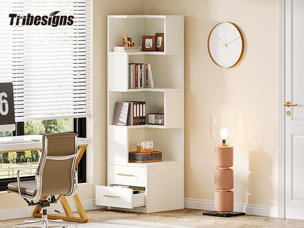 Tribesigns 5-Tier Corner Bookshelf with 2 Drawers, 66.9-Inch Tall, Modern Simple Corner Storage Cabinet Display Rack for Living Room, Home Office