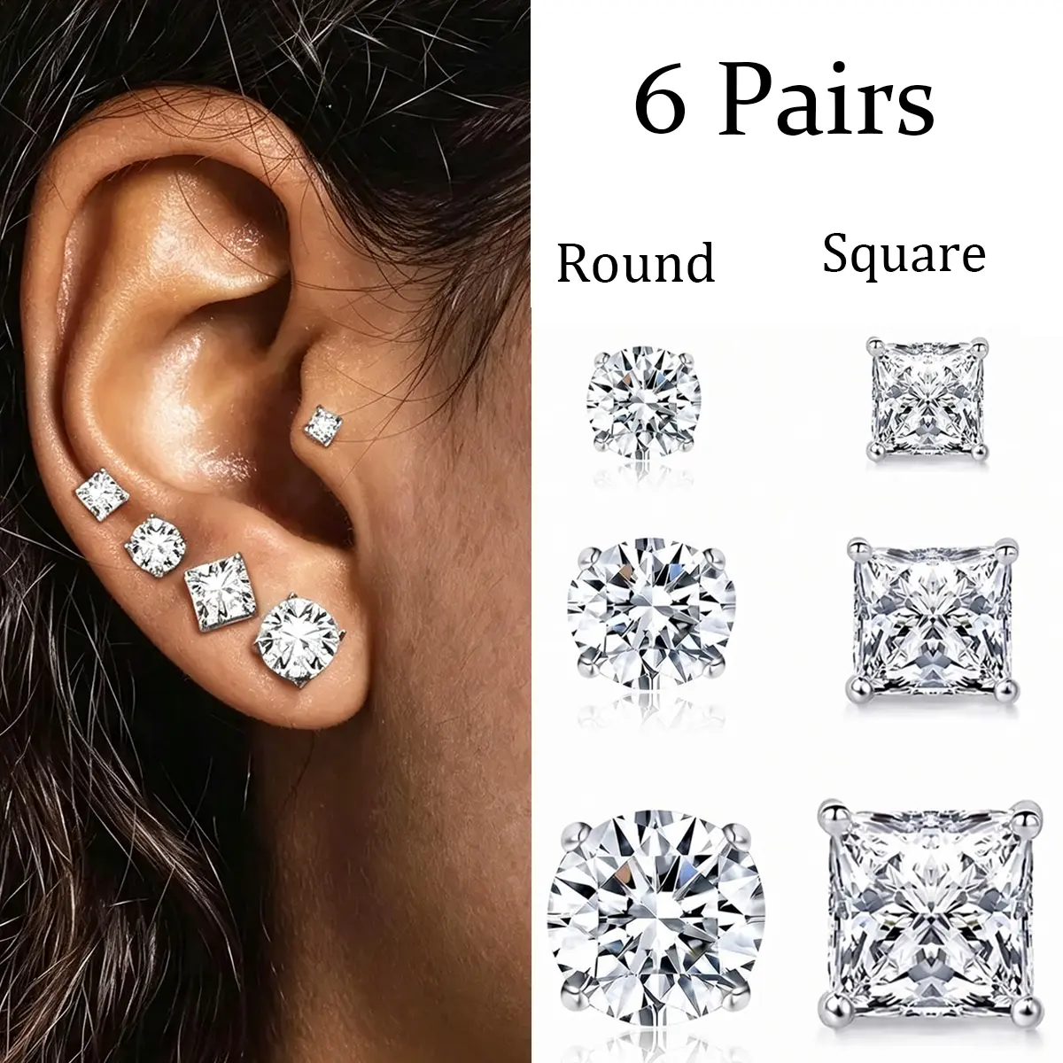 6 Pairs Stud Earrings for Men Women 316L Stainless Steel Earring | Hypoallergenic 3mm/5mm/7mm Princess & Round Cubic Zirconia Earring Set Surgical Steel CZ Ear Jewelry for Sensitive ears