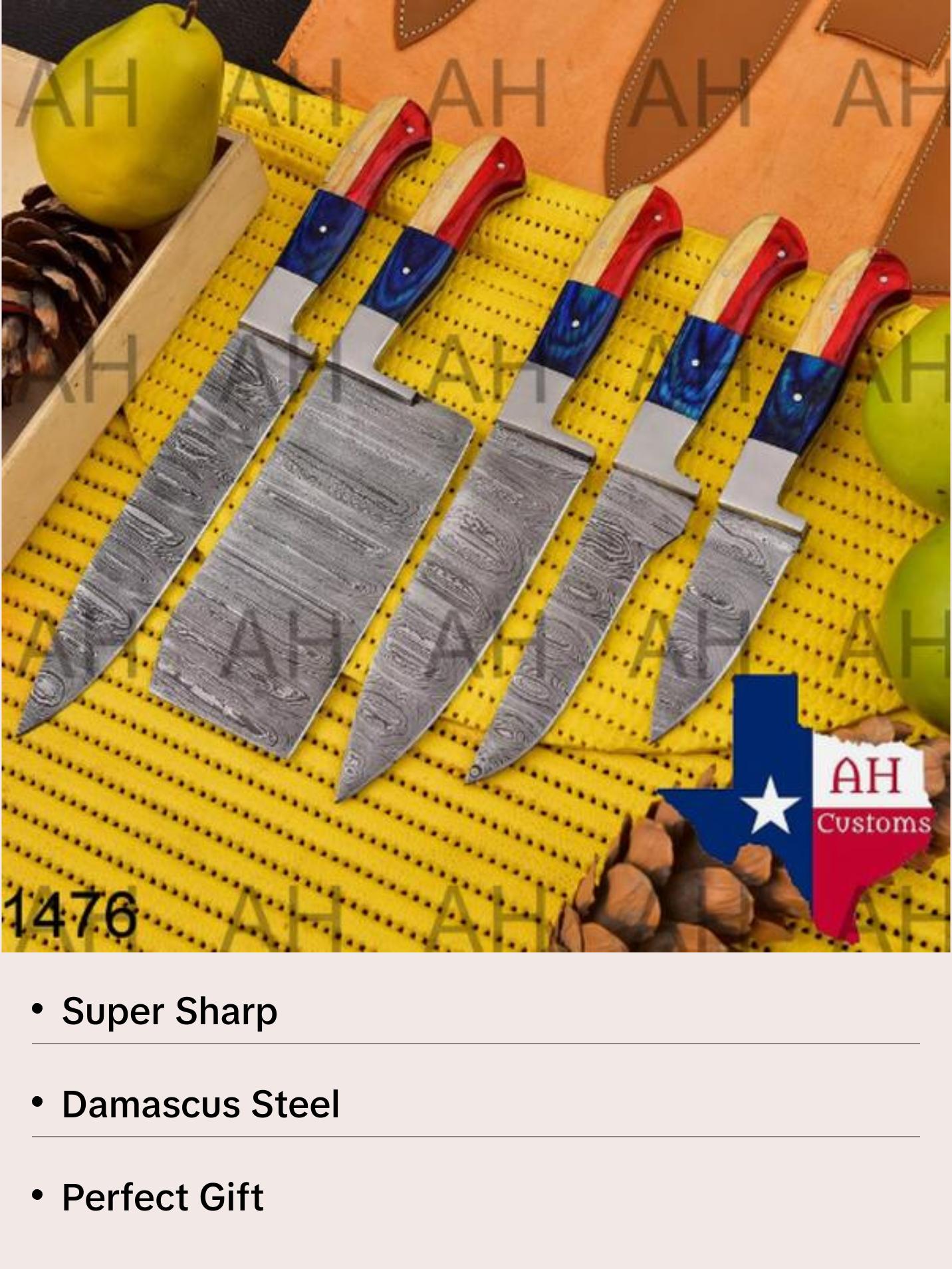 Handmade Damascus Steel Chef's Knife Set in US Flag Colors, Set of 5 Pieces with Meat Cleaver, Bread Knife, and Gift for Him or Her, Sharp Knives, Kitchen Knives. 1476 Chef Knife Knife Block Block Blade