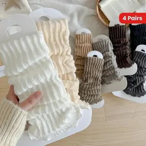 Elegant Lettuce Trim Leg Warmers for Women, 4 Pairs Pack - Polyester and Spandex Knit Fabric, Solid Color Fuzzy Warmers with Stretch, Hand Wash, Chic Korean Style Thigh-High Leg Covers, Versatile Autumn and Winter Accessory