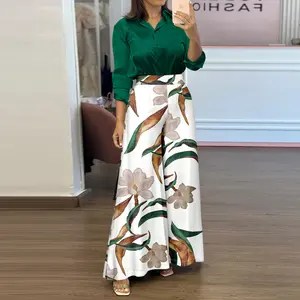 ChicMe Women's Green Outfit 2 Pieces Set Satin Long Sleeve Button Front Shirt and Vintage Floral Print Wide Leg Pants Set