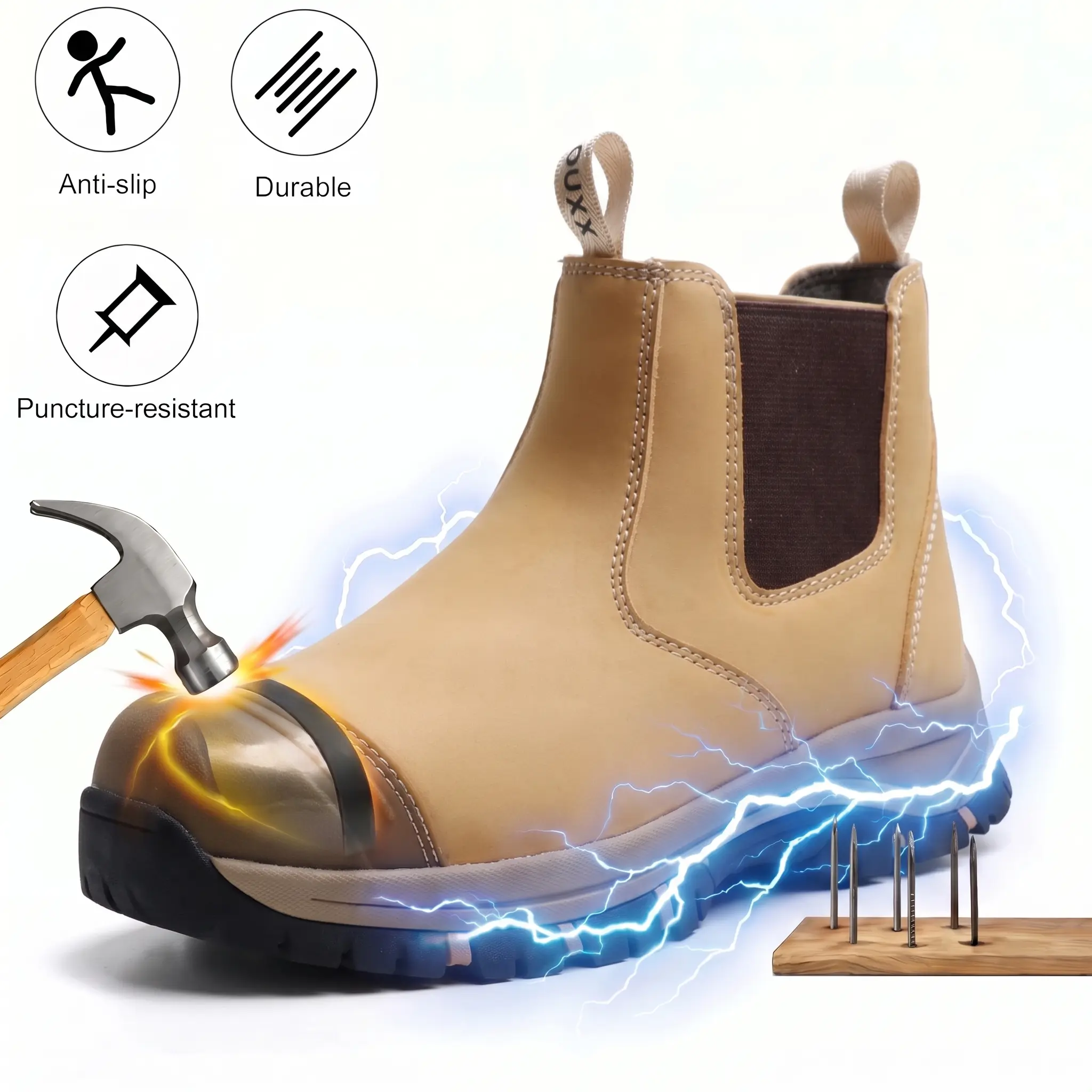 Mens Slip On Chelsea Work Boots Reinforced Toe Heavy Duty Industrial Lug Sole Tough Utility Footwear Steel Toe Chelsea Work Boots for Men, ASTM F2413-18 Certified Safety Boots, Waterproof Leather Slip-On Construction Boots, Puncture-Proof Kevlar Midsole