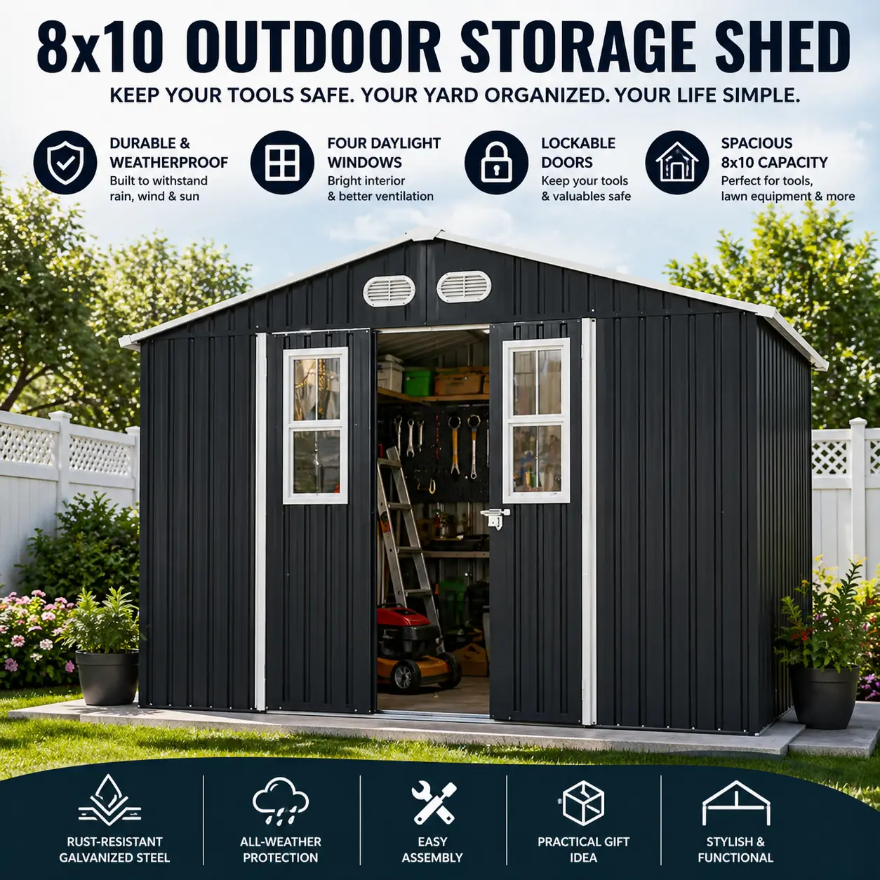 Outdoor Storage Shed 8x10 Metal Backyard Tool Organizer with FourDaylight Windows and Lockable Doors Dark Gray Weatherproof Garden House for Home Organization Protective Film Practical Gift Idea Backyard Makeover Essentials