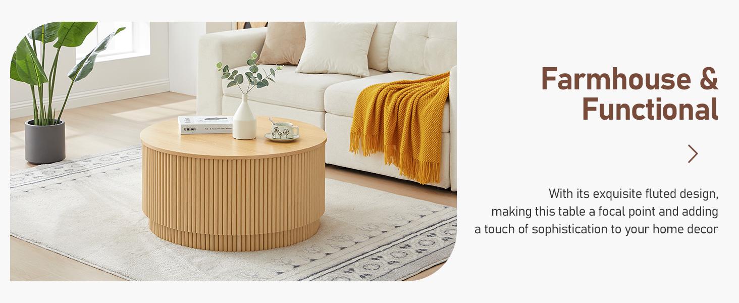 Giratree 31.5" Round Coffee Table with Storage, Mid Century Modern Coffee Tables with Fluted Base, Wooden Circle Accent Center Table for Living Room Small Space Apartment Office