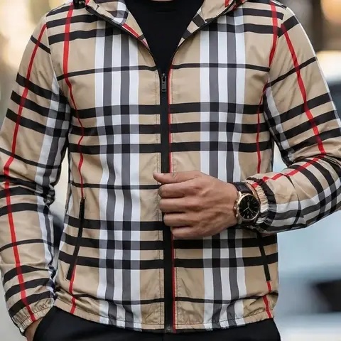 Men's British-Style Classic Long Sleeve Plaid Polyester Hooded Jacket - Pull On Fitted Lightweight Menswear, Stylish Urban Casual Outerwear with Cozy Hood, No-Pocket Go-To Daily Jacket