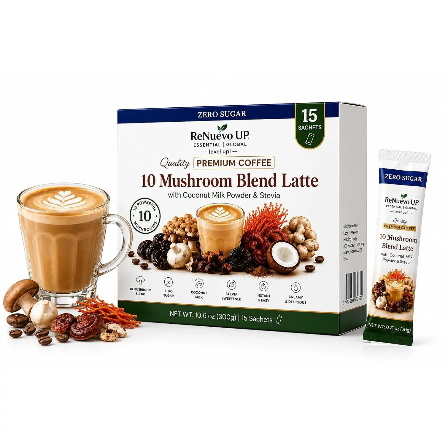 ReNuevo UP 10-Mushroom Blend Instant Latte Coffee Mix, 0 Sugar, Coconut Milk Powder & Stevia, 15 Single-Serve Sachets