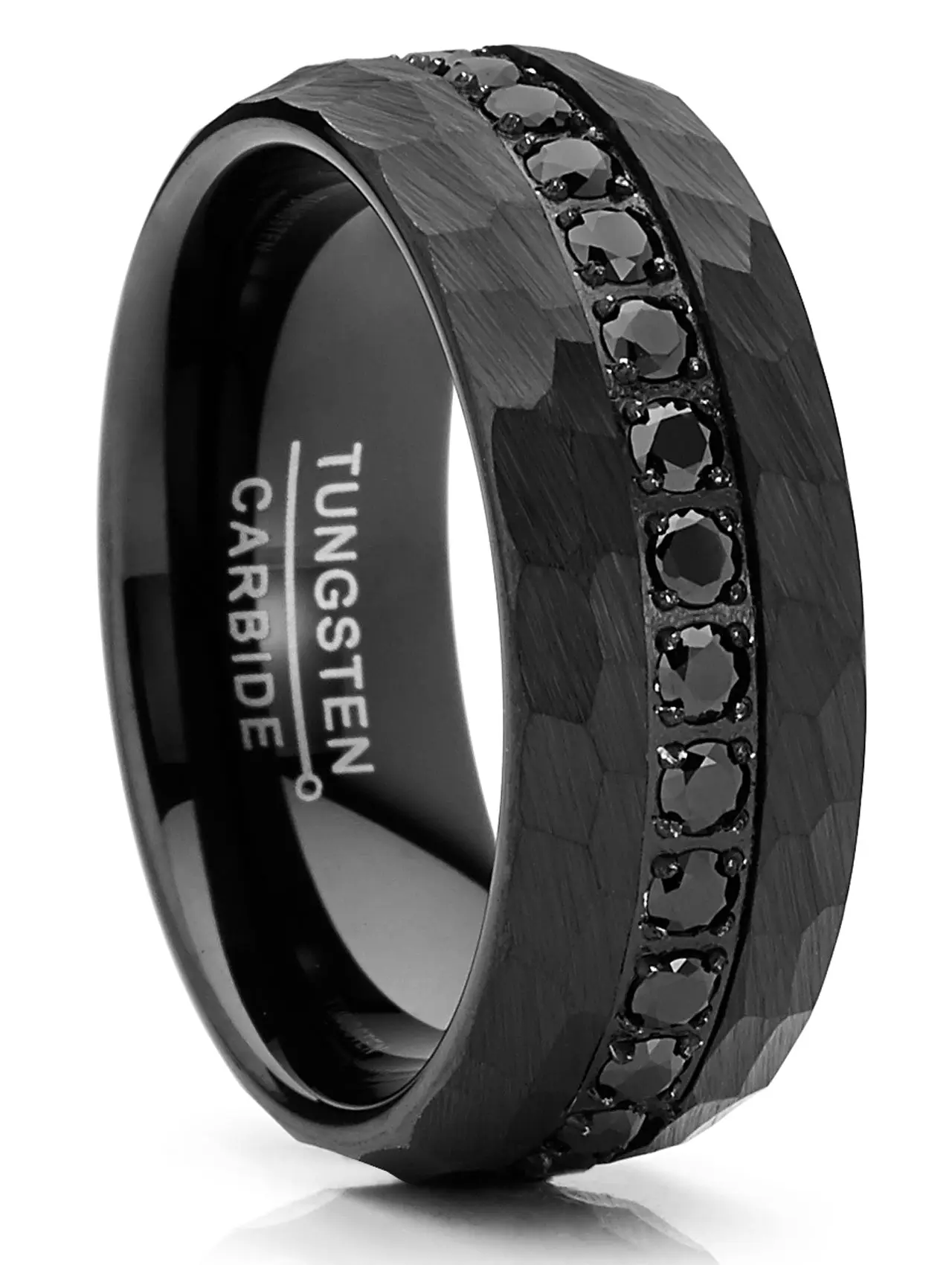 Male Tungsten Carbide Black Wedding Band - 8MM Hammered Eternity Ring - Cubic Zirconia Comfort-Fit Ring for Adults, Valentine's Day Jewelry