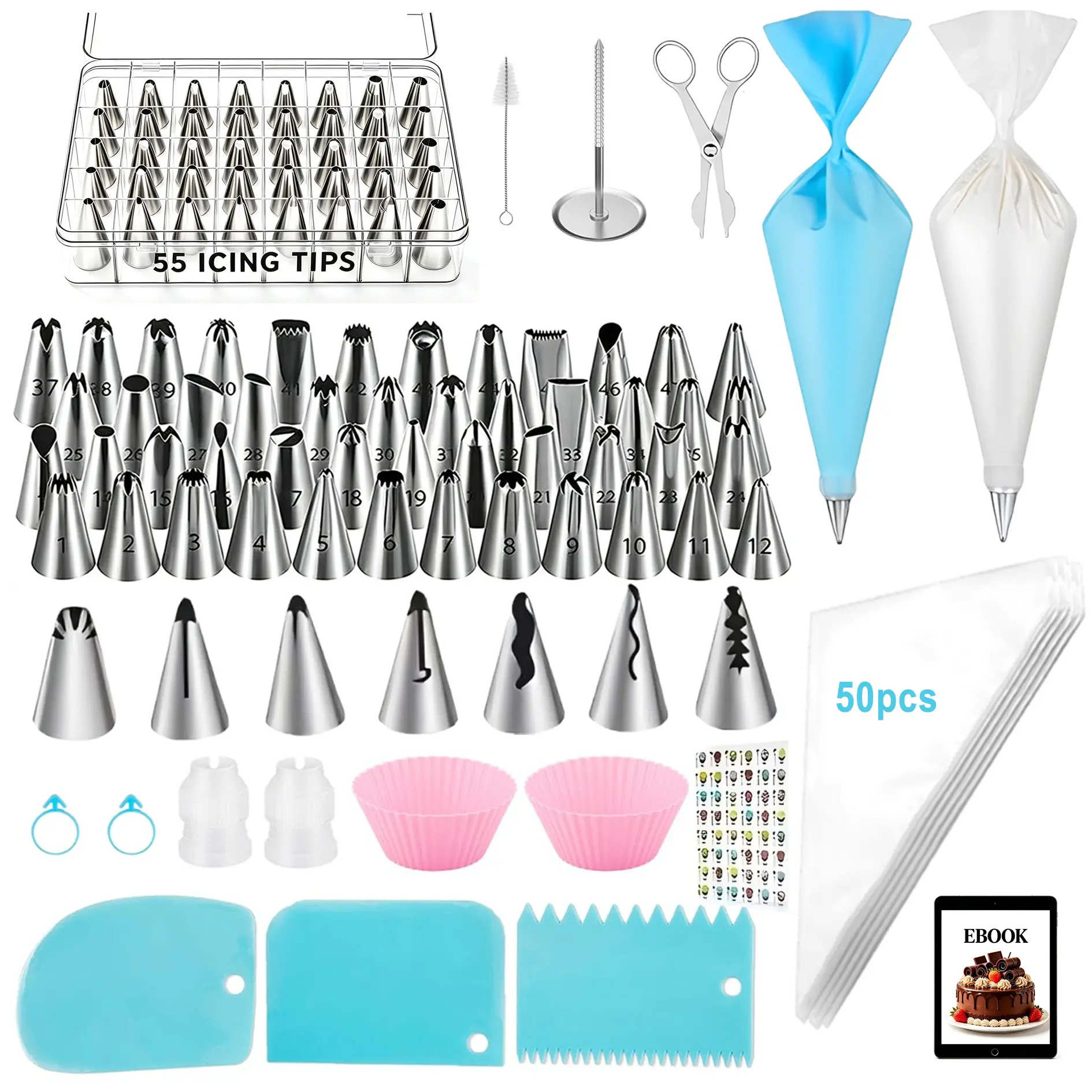 116-Piece Bakeware Cake Decorating Kit with Stainless Steel Nozzles, 48 Numbered Tips, 21 Reusable & Disposable Icing Piping Bags, Instruction Booklet | Pastry Decorating Tools for Cupcakes, Cookies