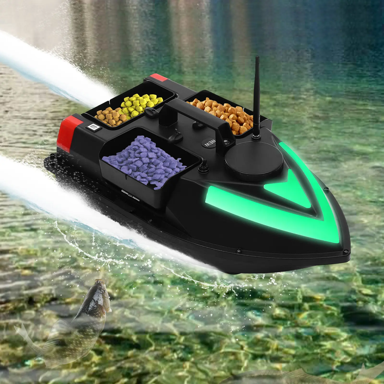 CNCEST Durable ABS Plastic Rechargeable RC Speed Boat - GPS Positioning, Cruise Function, 5200mAh Battery, 1640ft Remote Control Distance, 3 Bait Boxes, LED Light Strip, Streamlined Design, Ideal Gift for RC Boat Enthusiasts, Sports, Lithium Battery, Unis
