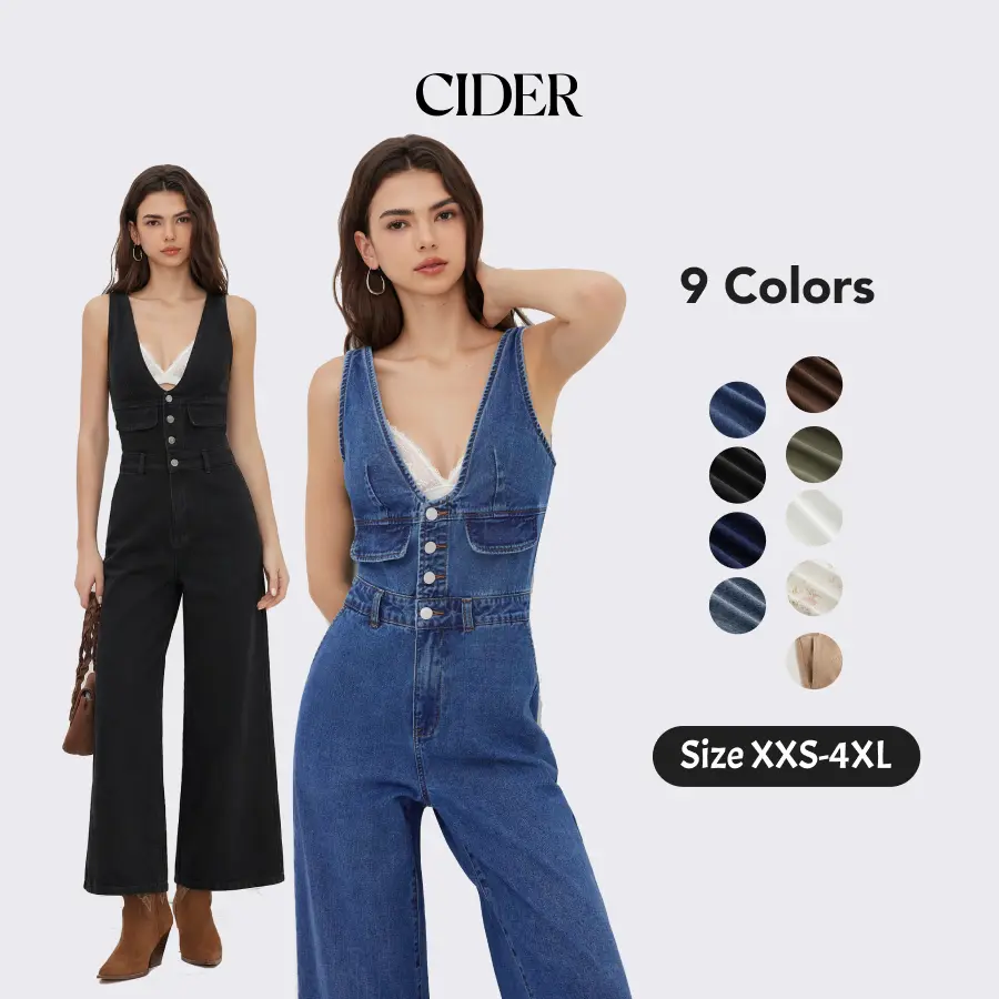 Cider Denim V-neck Button & Pocket Wide Leg Jumpsuit | for Casual to Business Wear,clothes for back to school,first day of school outfits