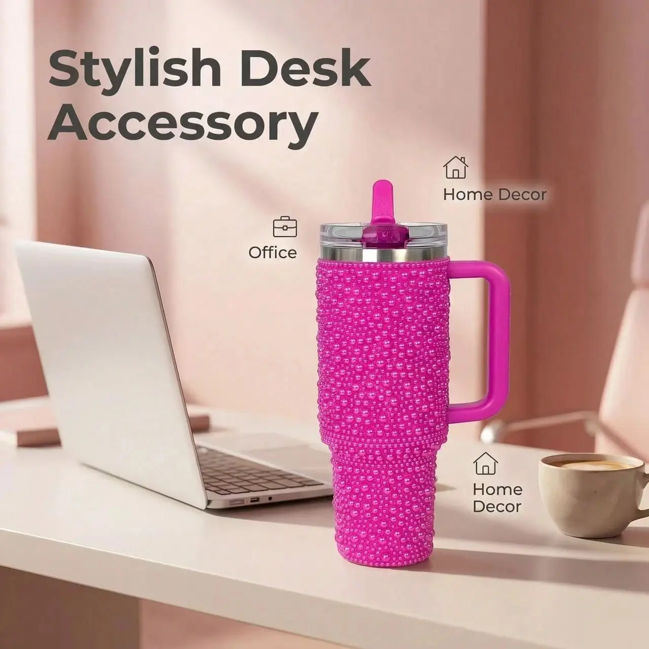 40oz Rhinestone Pearl Stainless Steel Tumbler - Lightweight Coffee Tea Cup, 24hr Cold Keep Double Wall Vacuum Insulated, Leakproof Silicone Straw Lid, Car Cup Holder Fit, Multi-Color Bling, Daily Travel Car Interior Accessory, Holiday Gift, Reusable