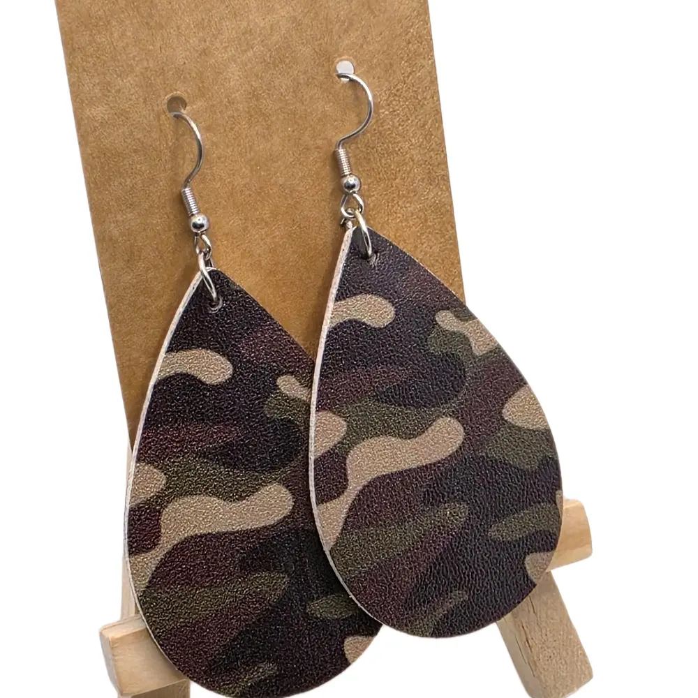 Camouflage Fashion Earrings - Unique Design, Durable PU Leather, Lightweight Hooks, Comfortable Fit for Edgy Vibe Outfits, High-Quality Costume Jewelry, Bold Outfits