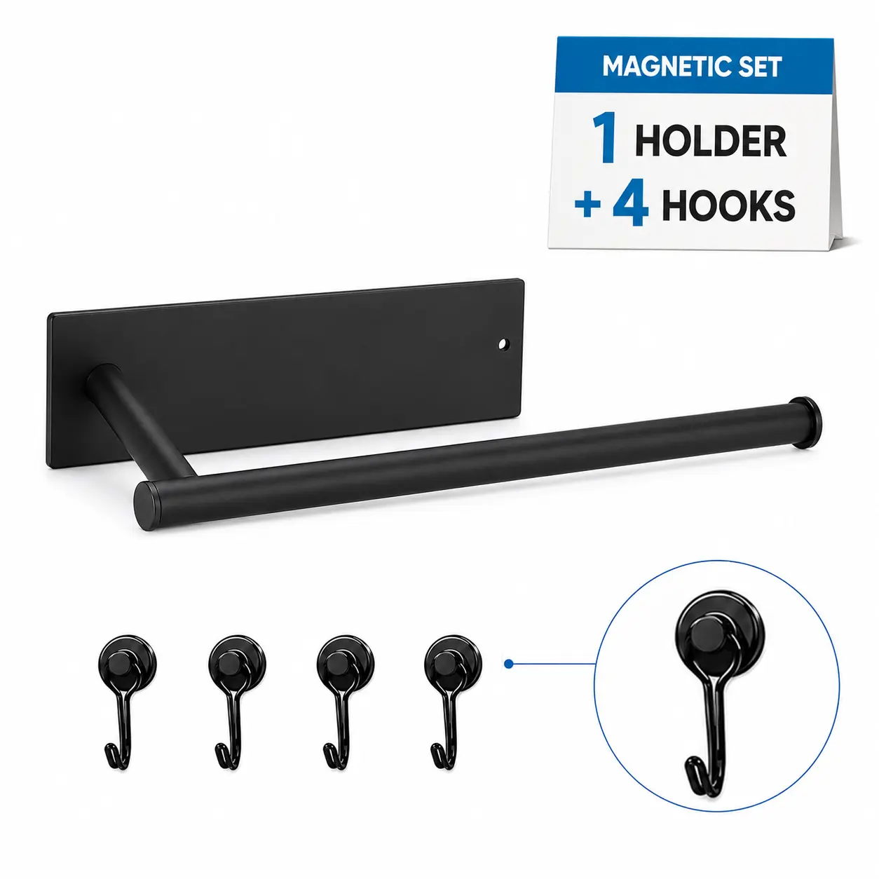 Magnetic Paper Towel Holder with Magnetic Mount - No-Drill Metal Carbon Steel Tissue Dispenser, 4 Hooks, Towel Racks, Portable Rack Use for Kitchen, RV, Storage Bin for Rolls, Plastic Wrap & More (1/2 Pack), Fridge/Microwave