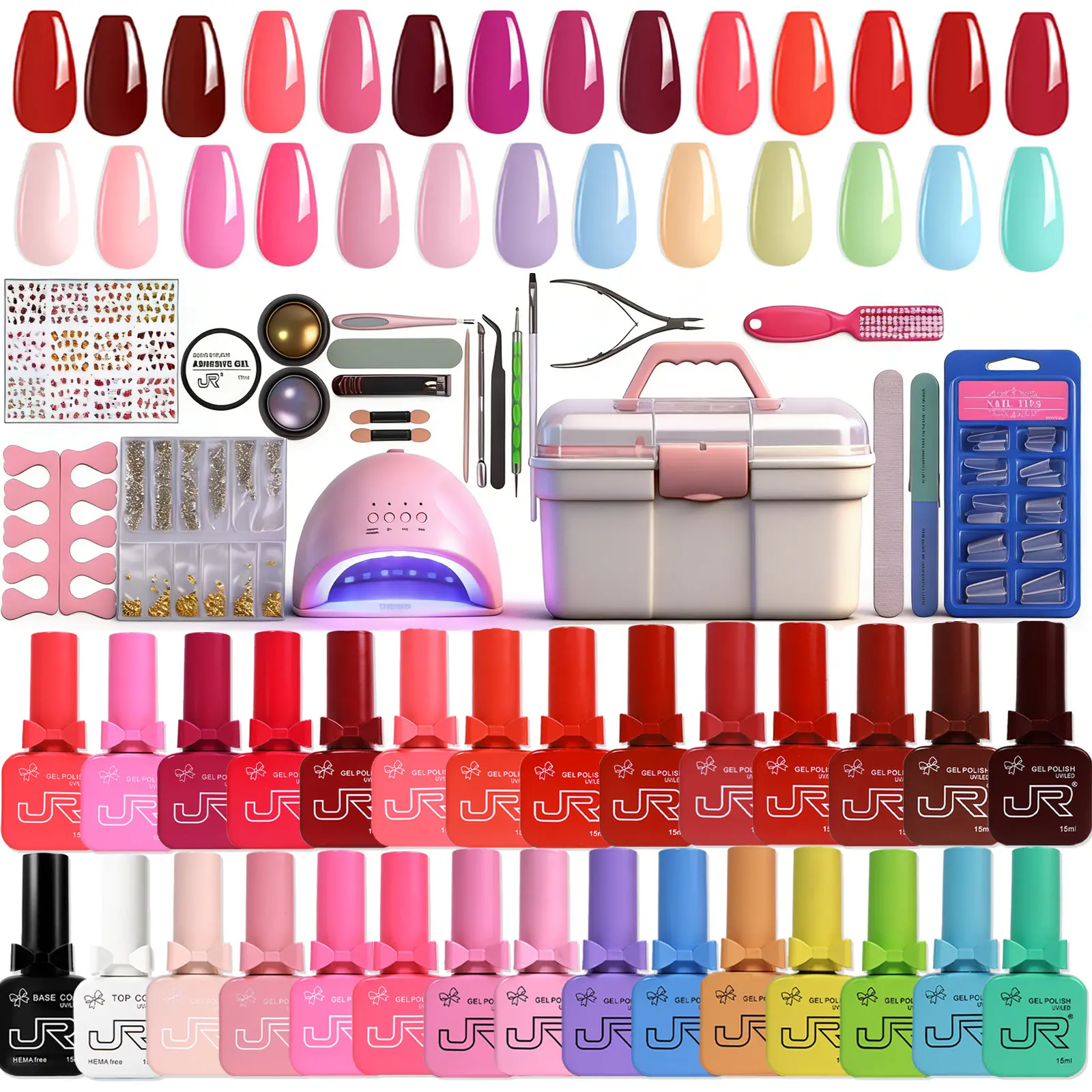 JR Gel Polish 50PCS Gel X Nail Kit with UV Lamp, HEMA-Free & TPO-Free Gel Nail Polish Set, Brown Red Nude Colors, Base & Top Coat, Nail Charms, DIY Nail Kit for Beginners #summervibes
