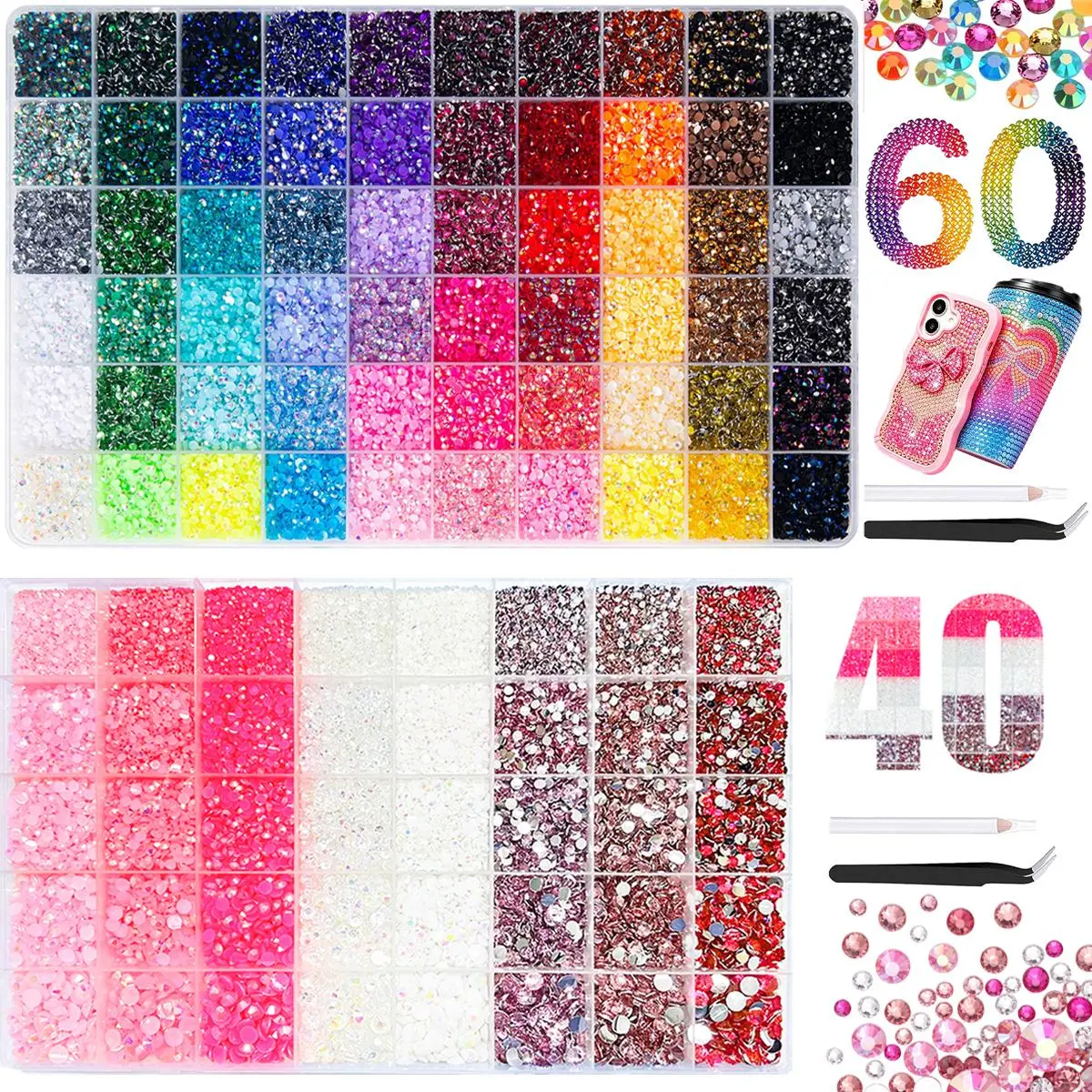 DIY Bedazzling Kit - 28/40/60 Color Rhinestones, 3mm Mixed Resin, Synthetic Beads & Complete Tool Kit, Perfect for DIY Crafts, Book & Shoe Decor, Nail Care Accessory