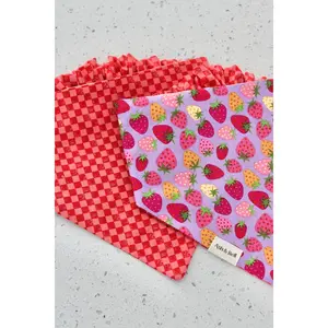 Purple Strawberries & Red Checkers Reversible Scrunchie Pet Bandana