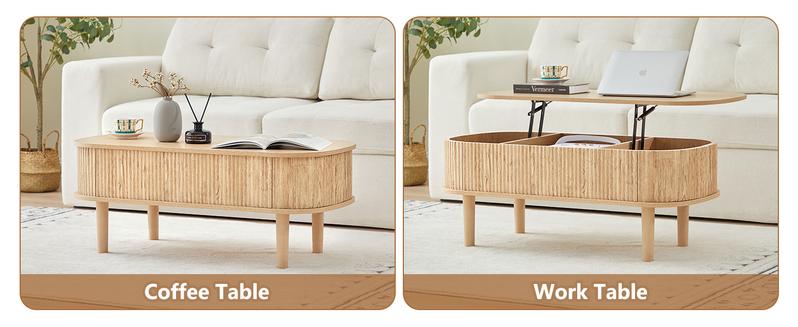 Giratree Fully Assembled Wooden Center Table, Fluted Lift Top Coffee Table with Hidden Compartment, Modern Oval Lift Tabletop for Home Living Room Office