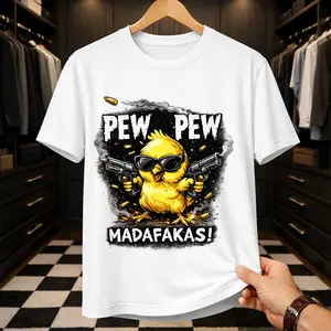 Funny Chicken with Sunglasses & Guns T-Shirt - Pew Pew Madafakas Graphic Tee - Premium Soft Cotton Blend Tee - Unique Gift for Friends with Humor