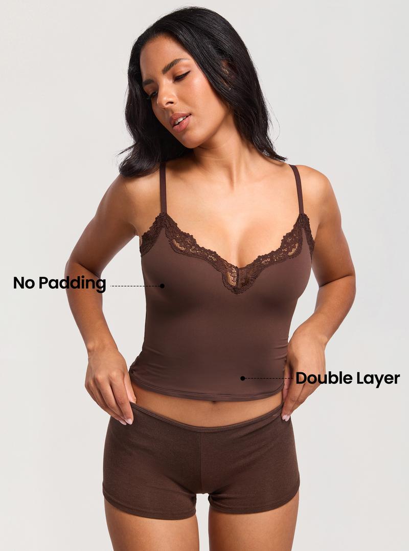 DOBREVA Women's V Neck Double Lined Camisole Tops Lace Trim Sleeveless Fitted Sexy Going Out Y2K Tank Top