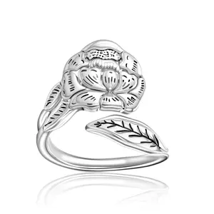 Sterling Silver Flower Spoon Ring, 925 High Purity Flower & Leaf Open Adjustable Ring, Vintage-Inspired Nature Jewelry for Women, Minimalist Country Style Gift for Mom, Birthday, Graduation, Christma