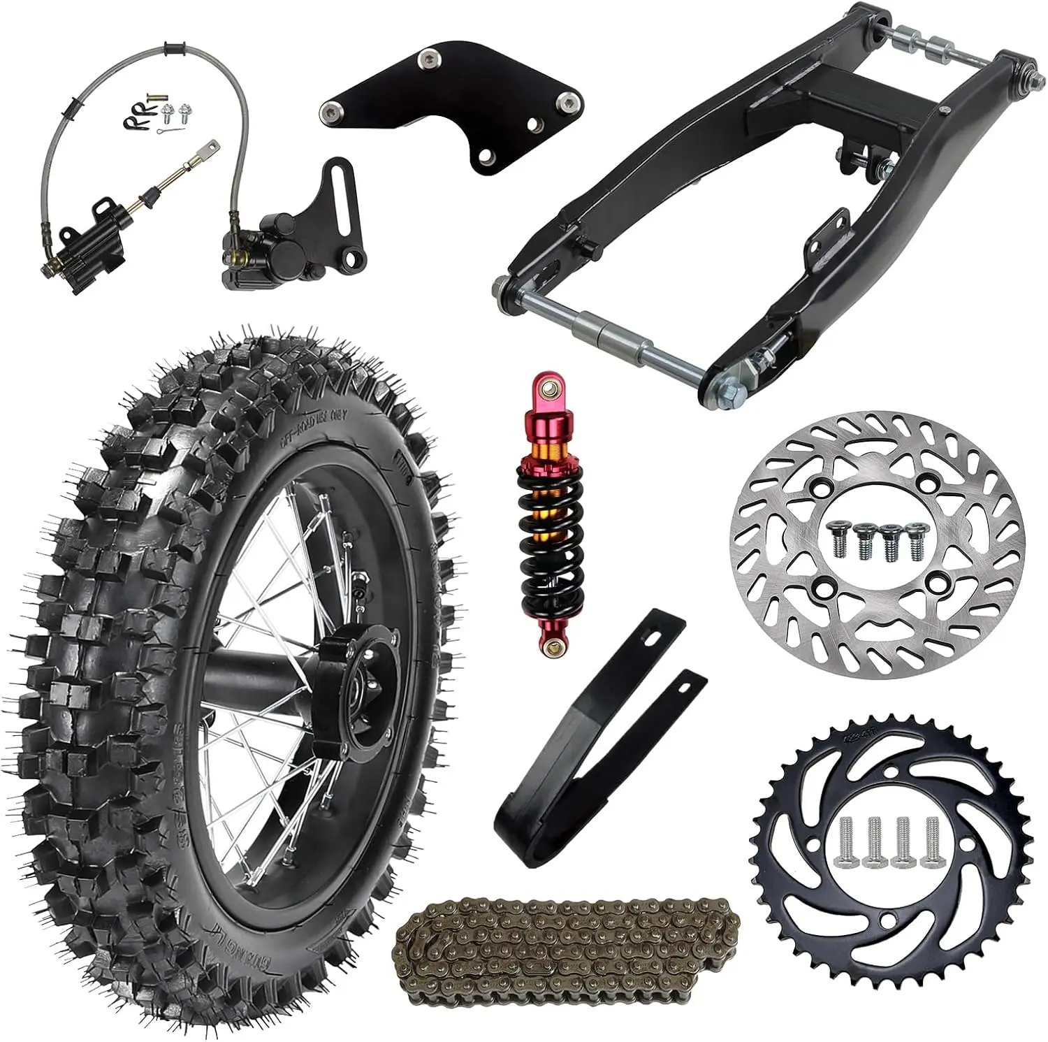 Complete 80/100-12 3.00-12 Tire 12 inch Rear Wheel and Rim + Swing Arm + Disc Brake System+ 420 53T Sprocket + Shock Suspension Kit for Pit Dirt Bike Apollo RFZ SSR110 125cc CRF50 CRF70 KX65