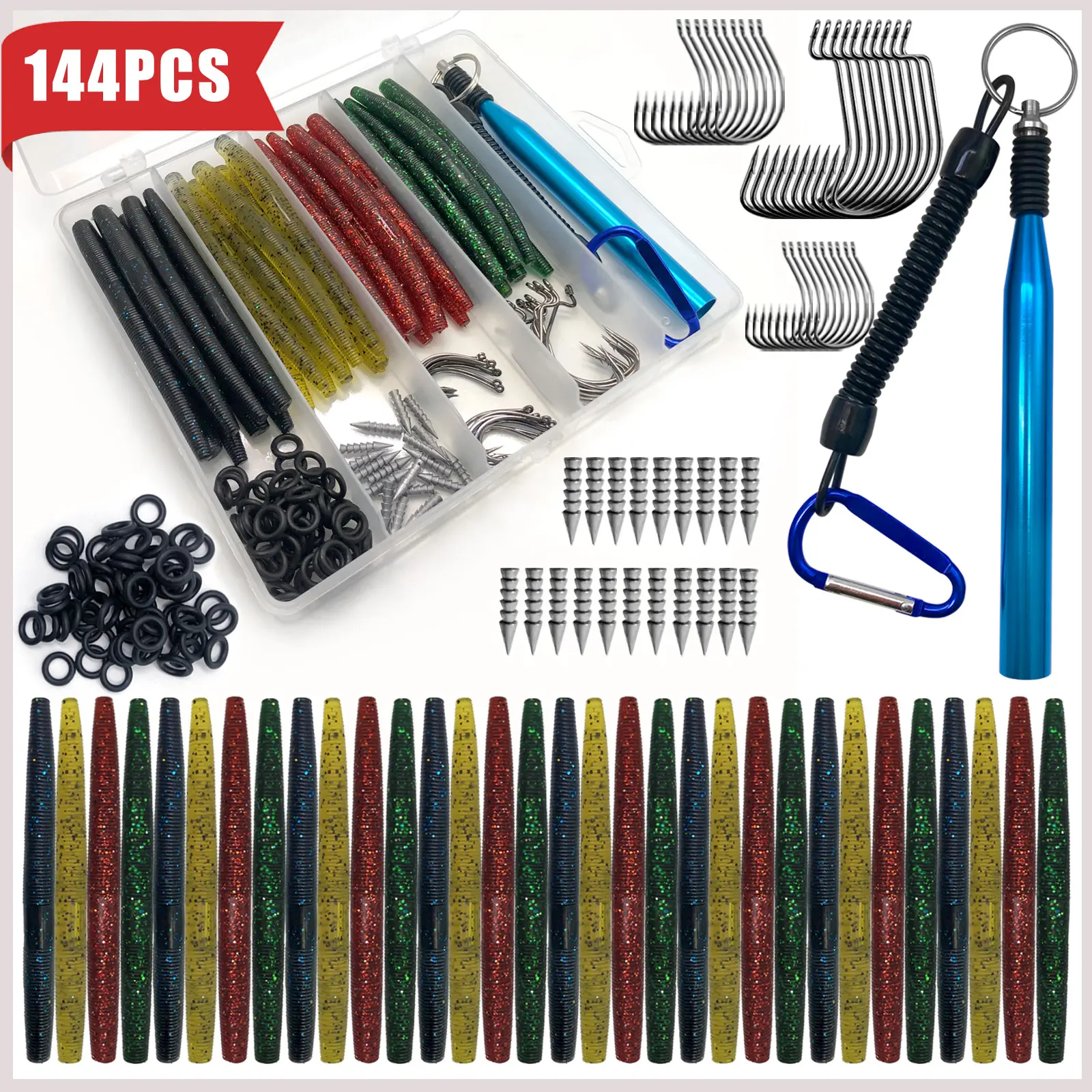 144pcs Wacky Worms Kit, Fishing Accessories, Fishing Stuff, Fishing Equipment, Fishing Lures Set, Fishing Lure Set, Artificial Fishing Lure, Bionic Soft Worms for Bass Trout Fishing, Includes Tackle Box, Perfect Gift for Anglers