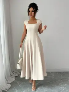Elegant Solid Color Square Neck Waist-Cinched Flared A-Line Short Sleeve Mid-Length Dress