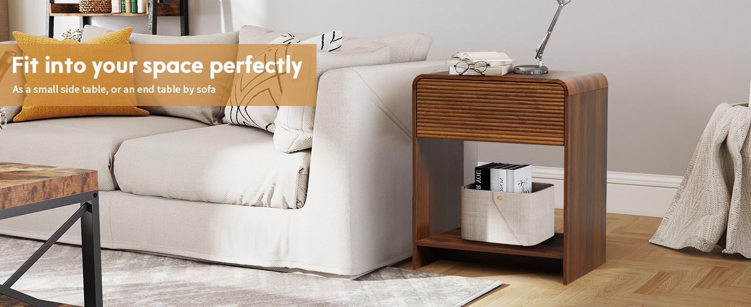 Giratree 24.8" Fluted Nightstand Set of 2 with Charging Station, Modern Bed Side Table End Table with Drawer Storage, Large Wooden Night Stands Bedside for Bedroom Living Room Sofa Office